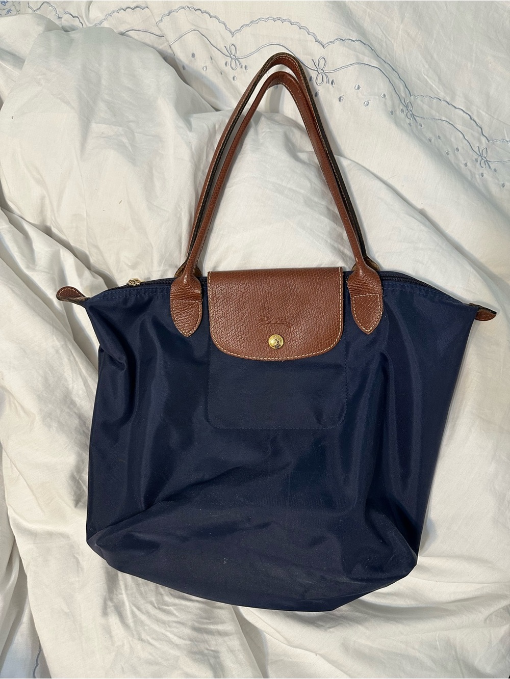 Longchamp Navy Nylon Tote with Brown Leather Trim